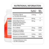 Close-up of Conceive Plus Motility Support nutritional information table showing active ingredients like L-Carnitine, CoQ10, Zinc, and Vitamin D, on a red and white product label.