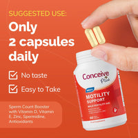 Conceive Plus motility support supplement bottle with capsules on an orange background