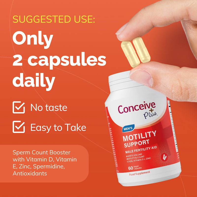 Conceive Plus motility support supplement bottle with capsules on an orange background