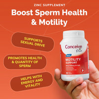 Supplement bottle labeled 'Conceive Plus' on an orange background with text about sperm health and motility.