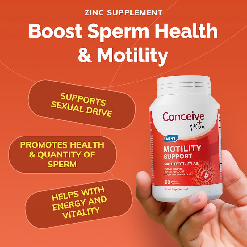 Supplement bottle labeled 'Conceive Plus' on an orange background with text about sperm health and motility.