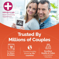 Advertisement for a fertility aid supplement with a couple holding an ultrasound and text about trust and availability.