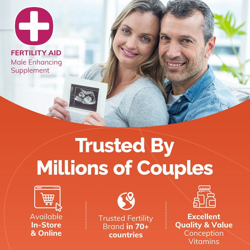 Advertisement for a fertility aid supplement with a couple holding an ultrasound and text about trust and availability.
