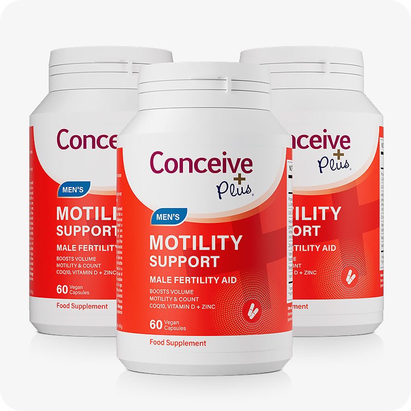 Three bottles of Conceive Plus Motility Support arranged in a triangle formation on a white background, featuring red and white packaging with blue highlights, designed for male fertility aid and promoting motility, volume, and sperm health.