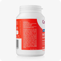 Side view of Conceive Plus Motility Support bottle showing precaution for use, allergy advice, and distributor information. Red and white label with white text, designed for male fertility support.