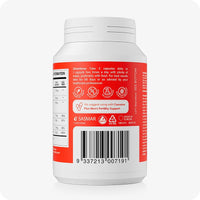 Back view of Conceive Plus Motility Support bottle showing dosage directions, barcode, and recommendation to pair with Men’s Fertility Support. Red and white label with icons and supplement information.