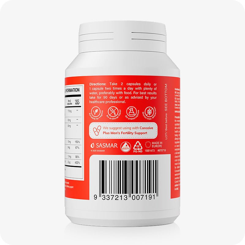 Back view of Conceive Plus Motility Support bottle showing dosage directions, barcode, and recommendation to pair with Men’s Fertility Support. Red and white label with icons and supplement information.