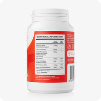 Side view of Conceive Plus Motility Support bottle highlighting nutritional information panel with ingredients like CoQ10, Zinc, and Vitamin D. Red and white label with supplement facts clearly displayed.