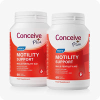 Two bottles of Conceive Plus Motility Support displayed side by side on a white background, featuring red and white packaging with blue branding and text highlighting male fertility aid, motility, and CoQ10 benefits.