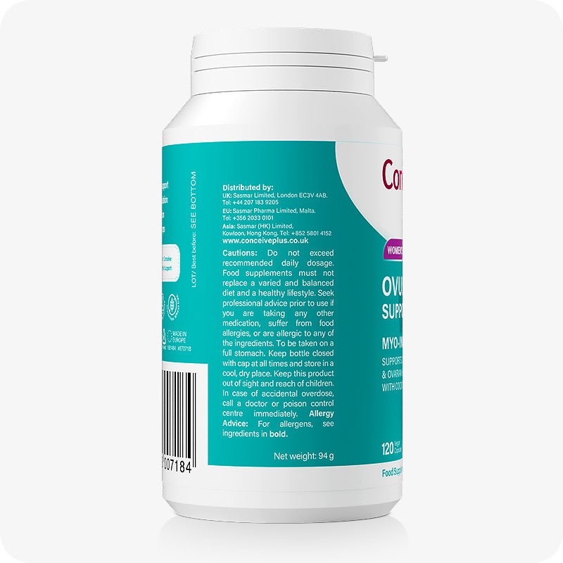 Conceive Plus Ovulation Bundle showing side view of Ovulation Support bottle with cautionary usage details, distributor contacts, allergy advice, and barcode printed on teal background.