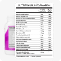 Conceive Plus Ovulation Bundle showing close-up of Women's Fertility Support supplement facts panel, detailing daily values of essential vitamins, minerals, and conception blend ingredients on a white background.