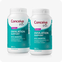 Conceive Plus Ovulation Bundle with two bottles of Women's Ovulation Support, each labeled in teal and containing 120 vegan capsules, placed side by side on a clean white background.