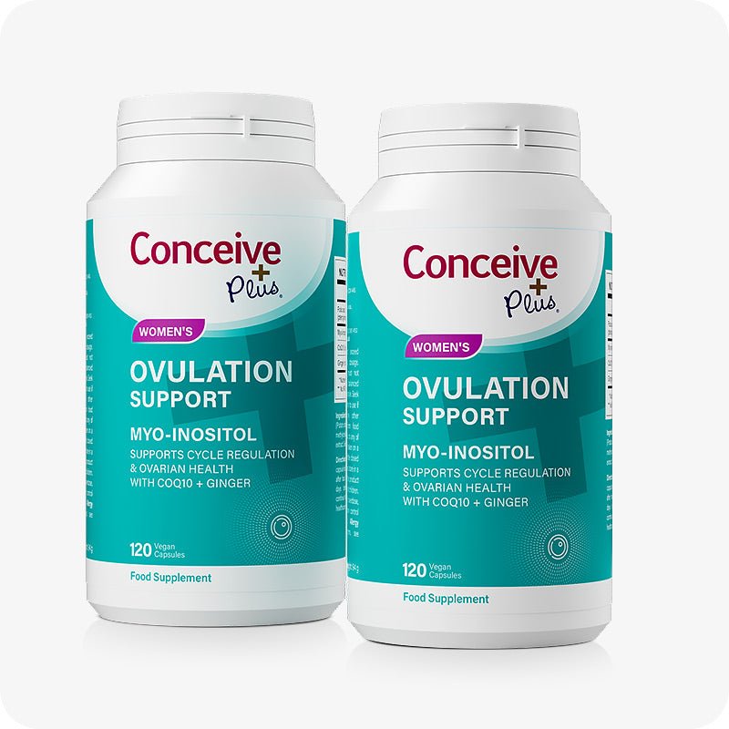 Conceive Plus Ovulation Bundle with two bottles of Women's Ovulation Support, each labeled in teal and containing 120 vegan capsules, placed side by side on a clean white background.