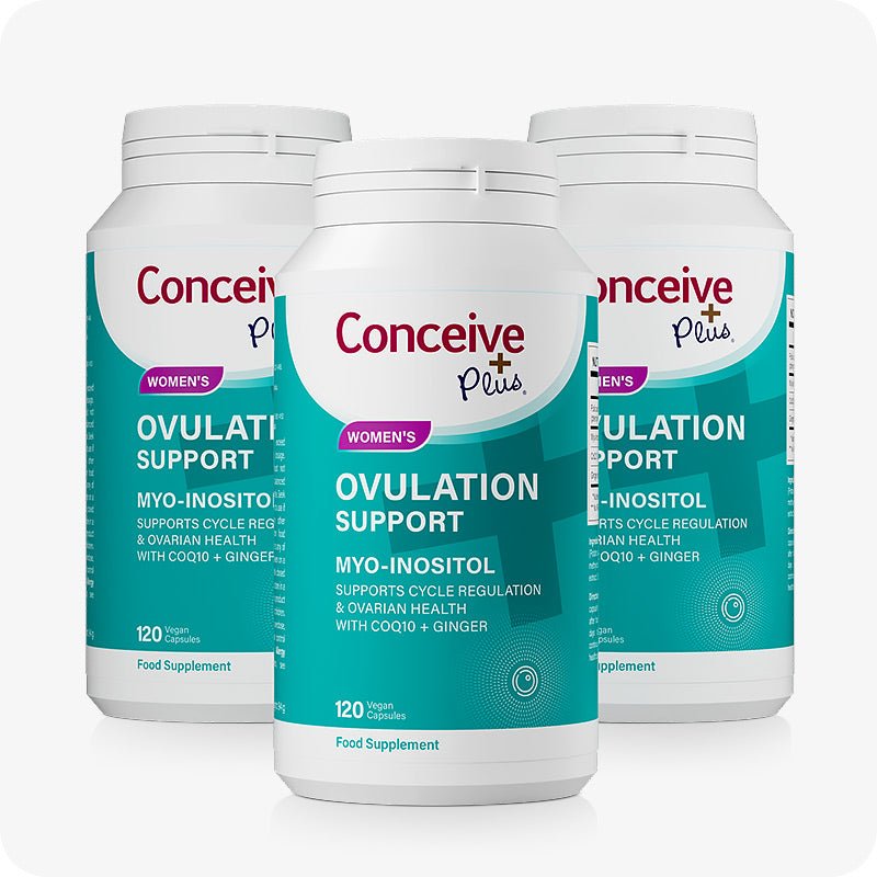 Conceive Plus Ovulation Bundle featuring three bottles of Women's Ovulation Support supplements with teal labels, each containing 120 vegan capsules, arranged in a triangular display on a white background.