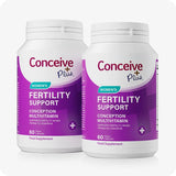 Conceive Plus Ovulation Bundle featuring two bottles of Women's Fertility Support with bold purple labels, each containing 60 vegan capsules, arranged side by side on a white background.