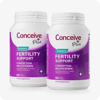 Conceive Plus Ovulation Bundle featuring two bottles of Women's Fertility Support with bold purple labels, each containing 60 vegan capsules, arranged side by side on a white background.
