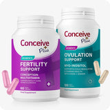 Conceive Plus Ovulation Bundle with Women's Fertility Support and Ovulation Support bottles, shown in purple and teal labeling alongside pink and beige capsules, set against a clean white background.