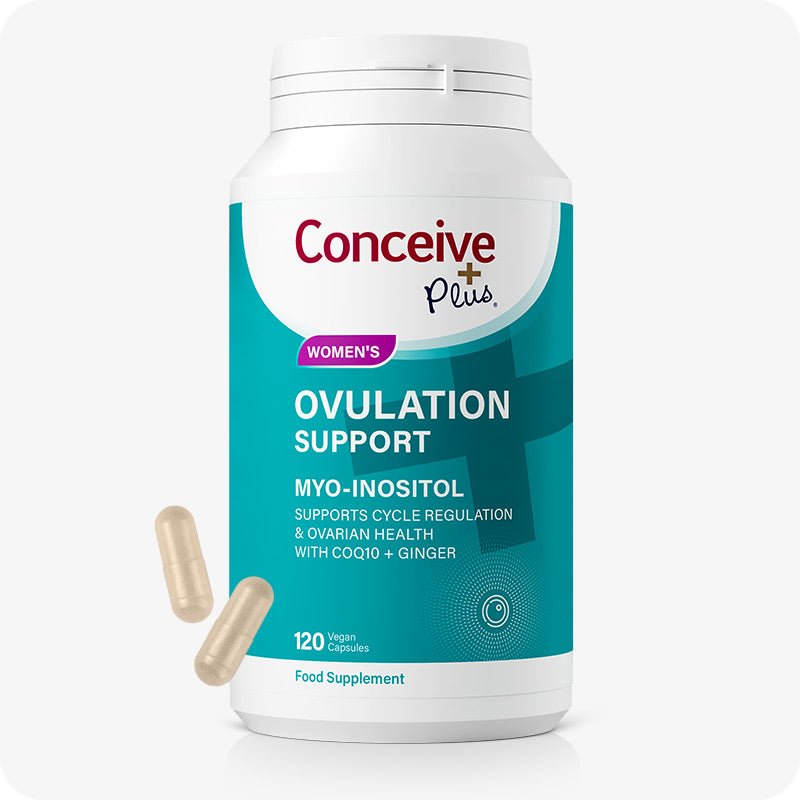 Conceive Plus Ovulation Support bottle with teal label, key ingredients listed, and two vegan capsules beside it.
