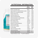 Close-up of Conceive Plus Prenatal supplement nutritional information label listing vitamin and mineral amounts per 2 capsules, including folic acid, vitamin D3, choline, and DHA sourced from algae, with corresponding % EC NRV values.