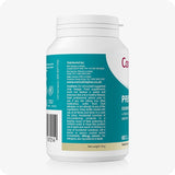 Side view of Conceive Plus Prenatal supplement bottle showing distributor contact details in the UK, EU, and Asia, along with product cautions, allergy advice, and net weight on a teal label with white and beige accents.