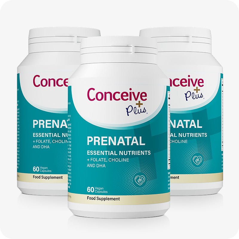 Three bottles of Conceive Plus Prenatal supplement with teal and white labels, highlighting essential nutrients including folate, choline, and DHA. Each bottle contains 60 vegan capsules designed for prenatal health support.