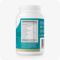 Back view of Conceive Plus Prenatal supplement bottle displaying nutritional information chart with detailed vitamin and mineral content per serving, ingredient list, and % EC NRV values printed on a teal and white label.