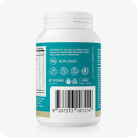 Back view of Conceive Plus Prenatal supplement bottle showing dosage instructions, barcode, and certification icons such as Non-GMO, vegan-friendly, preservative-free, and artificial color-free, on a teal label.