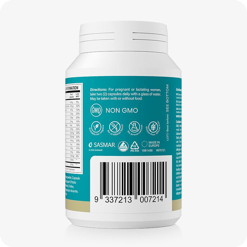 Back view of Conceive Plus Prenatal supplement bottle showing dosage instructions, barcode, and certification icons such as Non-GMO, vegan-friendly, preservative-free, and artificial color-free, on a teal label.