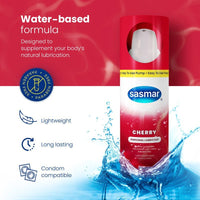 Sasmar cherry personal lubricant bottle with water splash on a red and blue background