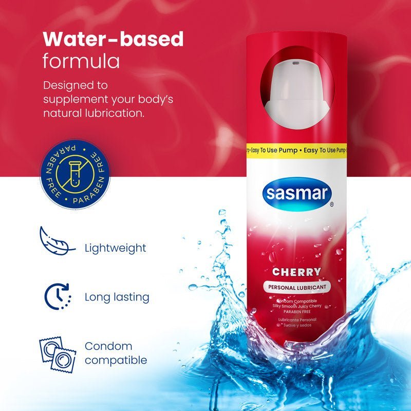 Sasmar cherry personal lubricant bottle with water splash on a red and blue background