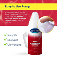 Sasmar cherry personal lubricant bottle with pump on a red background