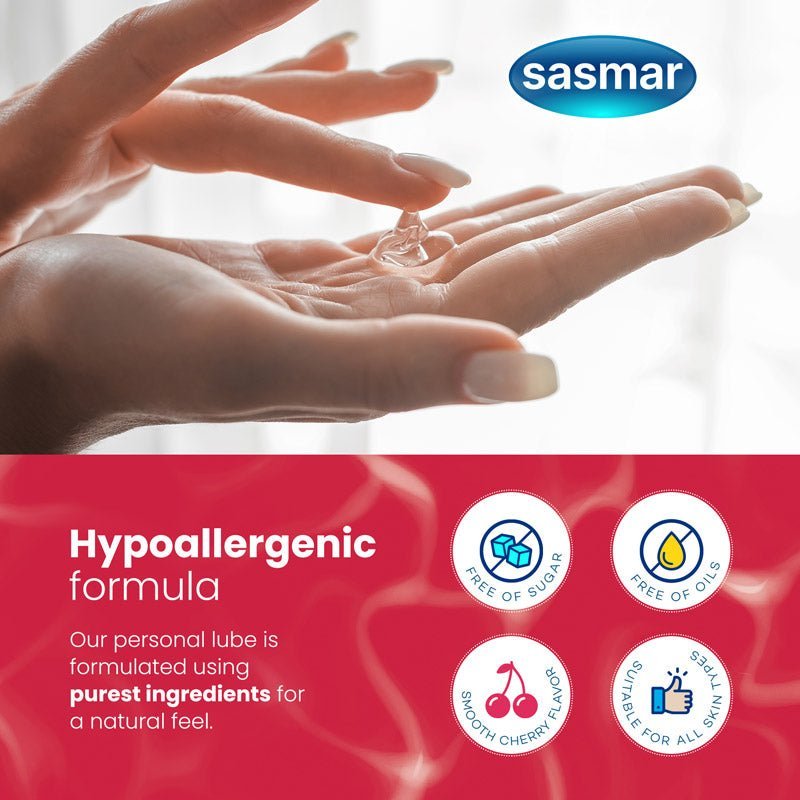Advertisement for sasmar personal lubricant with hands holding product and product features listed.