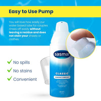 Sasmar personal lubricant bottle with pump and product features on a blue and yellow background