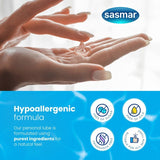 Person holding clear gel with Sasmar logo and product features on a blue banner