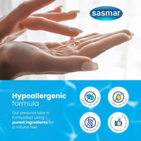 Person holding clear gel with Sasmar logo and product features on a blue banner
