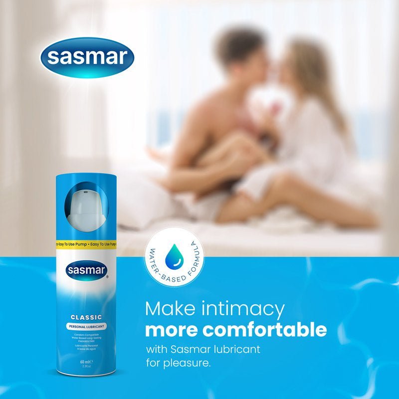 Sasmar lubricant bottle with couple in background on a blue and white background