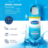 Sasmar personal lubricant packaging with water-based formula text and product features on a blue background