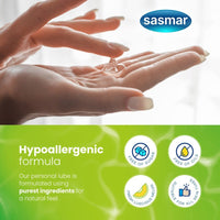 Person holding clear gel with Sasmar branding and product features on a green banner.