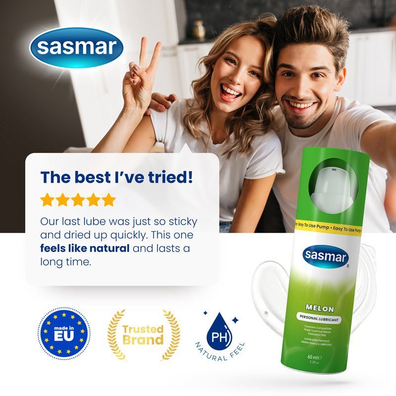 Couple in a kitchen with sasmar product and positive review text
