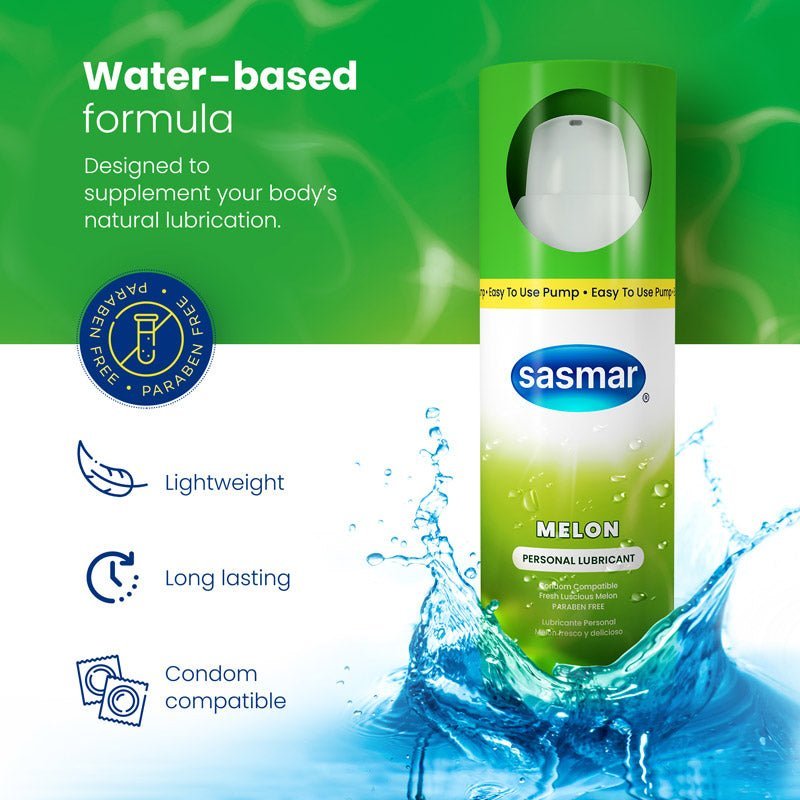 Sasmar melon personal lubricant packaging with water-based formula text on a green and blue background