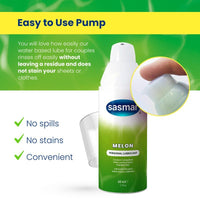 Sasmar melon personal lubricant bottle with pump on a green background
