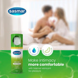 Sasmar lubricant bottle with couple in background on a green and white background