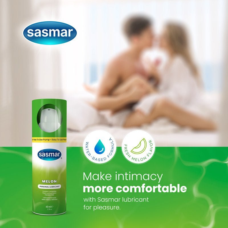 Sasmar lubricant bottle with couple in background on a green and white background