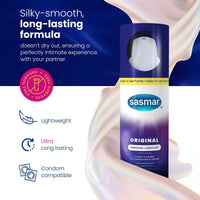 Sasmar personal lubricant packaging with product details on a blue and white background