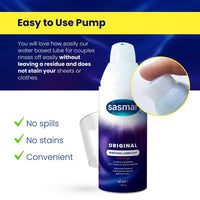Sasmar personal lubricant bottle with pump and text highlighting features