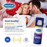 Couple embracing with Sasmar lubricant product and branding elements.