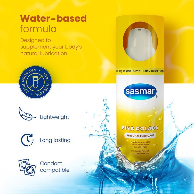 Sasmar Pina Colada personal lubricant bottle with water splash on yellow background