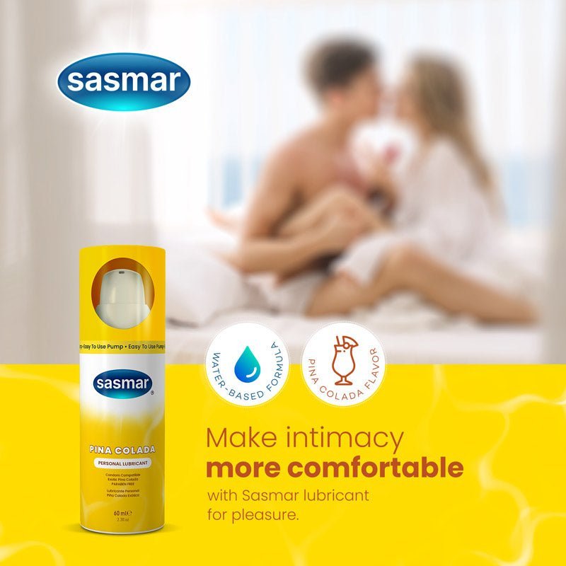 Sasmar lubricant packaging with a couple in the background, promoting comfort during intimacy.