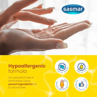 Advertisement for sasmar personal lubricant with hands holding product and brand logo.