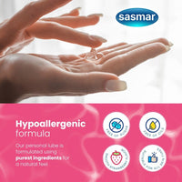 Person holding clear gel with Sasmar branding and product features on a pink banner.
